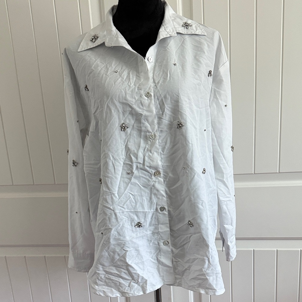 Style Envy White Embellished Button Down Shirt